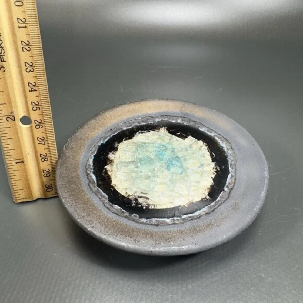 Hand Made Crystalline Pottery Round Wasabi Dipping Dish Plate Signed Crafted VTG